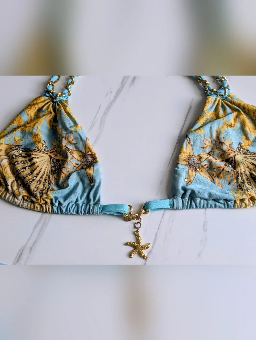 SAUVAGE California Luxury Chain Bikini Top Small Starfish Charm Crystal Swimwear